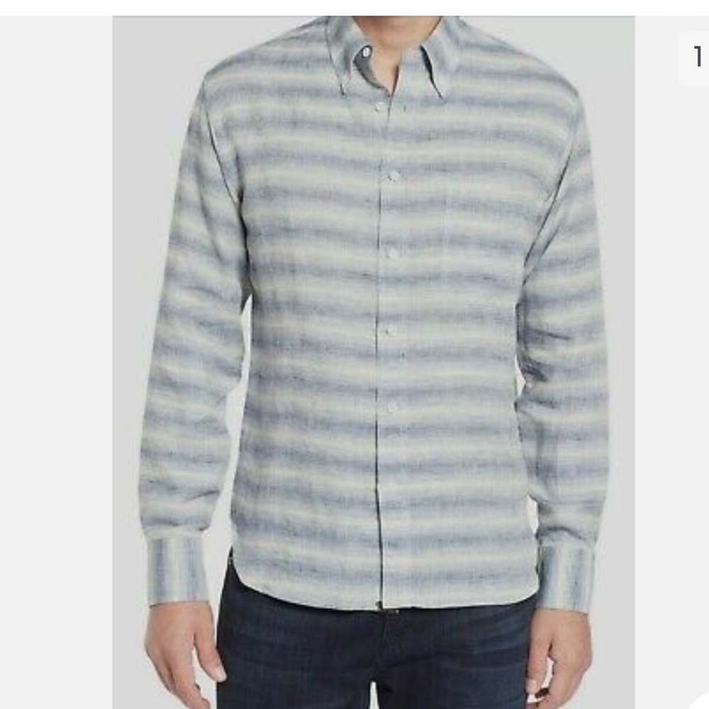 Billy Reid Blue Striped Linen Blend Long Sleeve Button Up Shirt